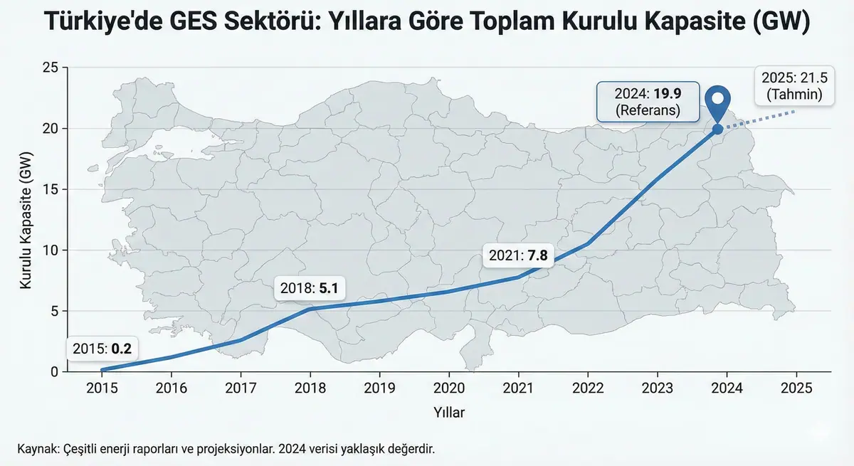 Türkiye’de yıllara göre kurulan GES kapasiteleri.