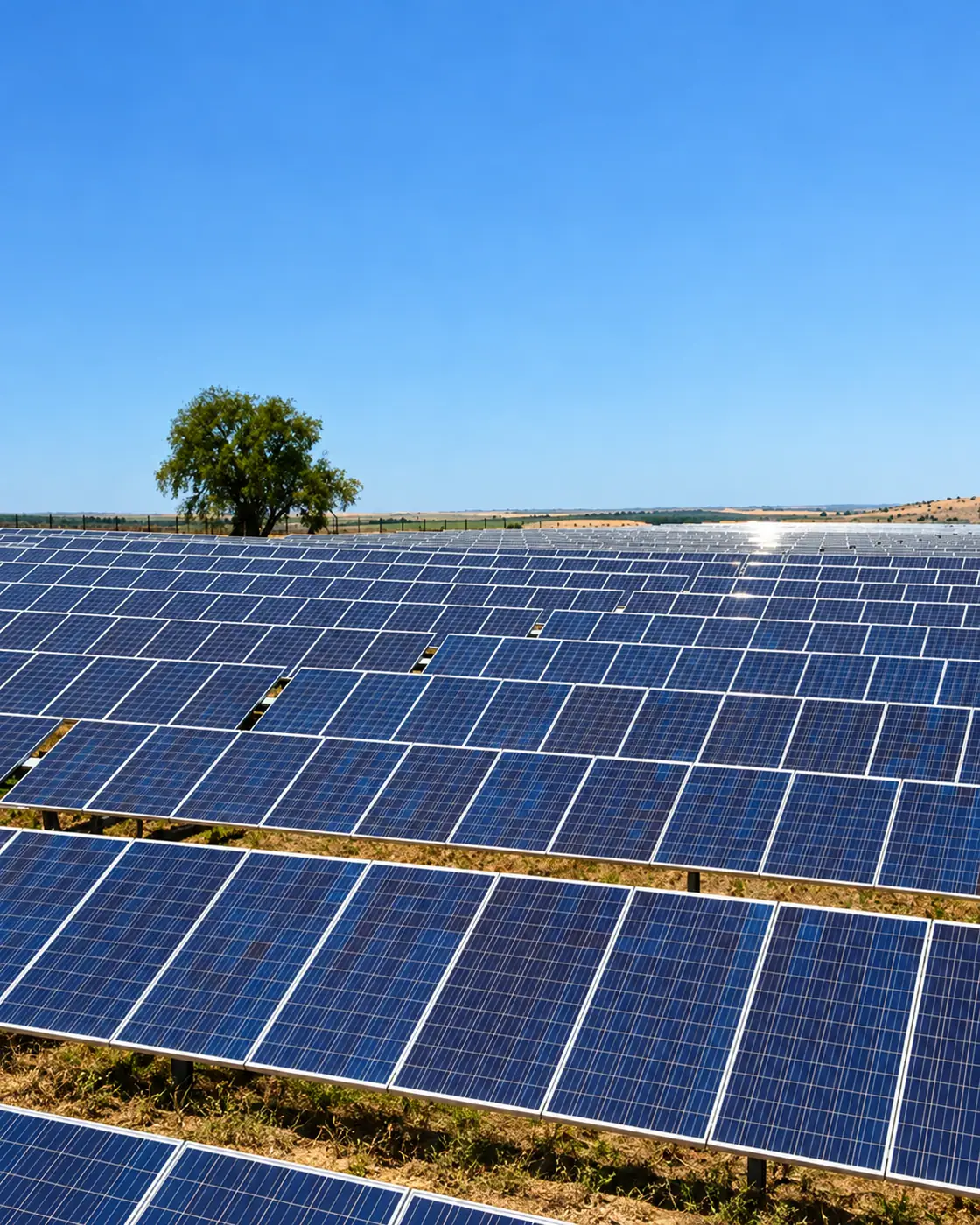 Yeşil tarım arazileri arasında kurulu güneş enerji santrali