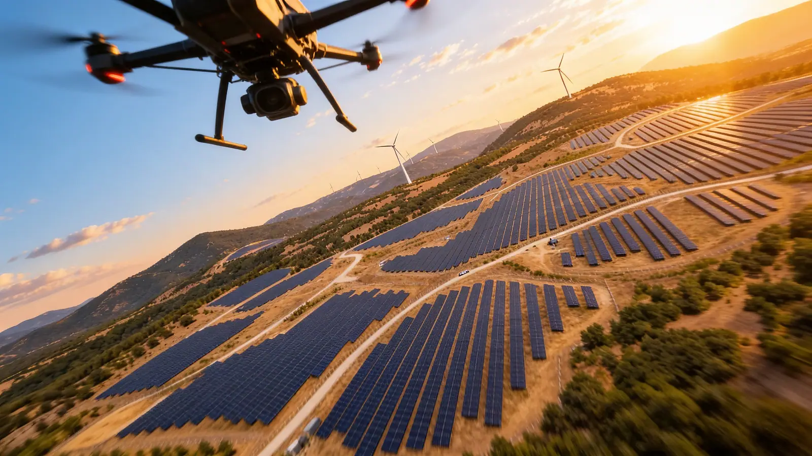 Tepelik arazide kurulu güneş enerji santralinin drone ile çekilmiş havadan görünümü