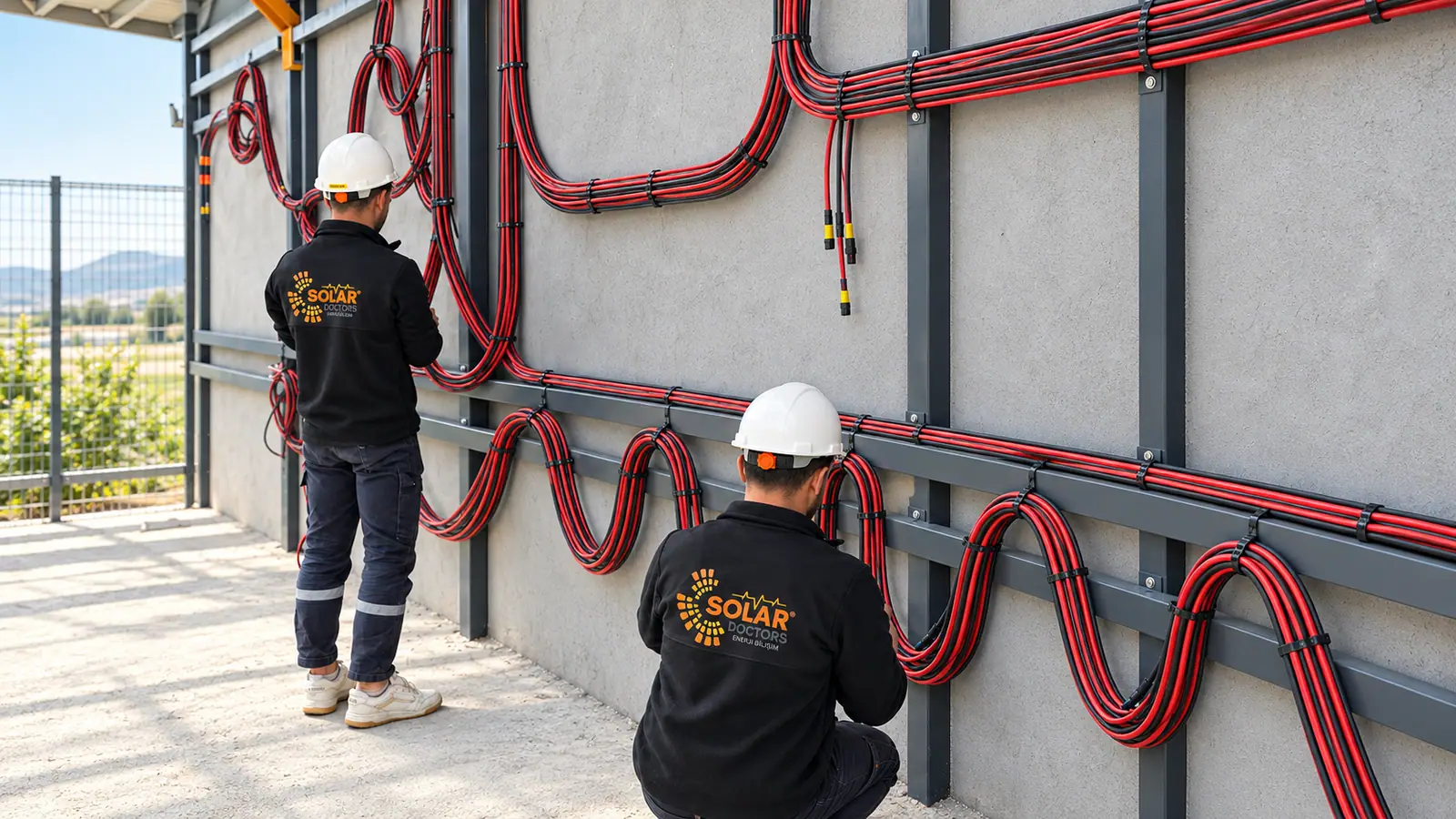 Bina cephesinde solar kablo tesisatı ve pano bağlantısı yapan iki Solar Doctors teknisyeni