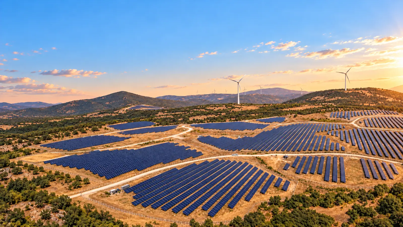 Gün batımında tepelik arazide kurulu geniş ölçekli güneş enerji santrali