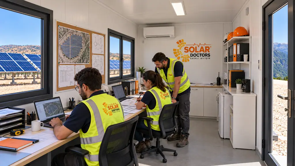 Saha ofisinde GES projesi üzerinde çalışan Solar Doctors mühendis ekibi
