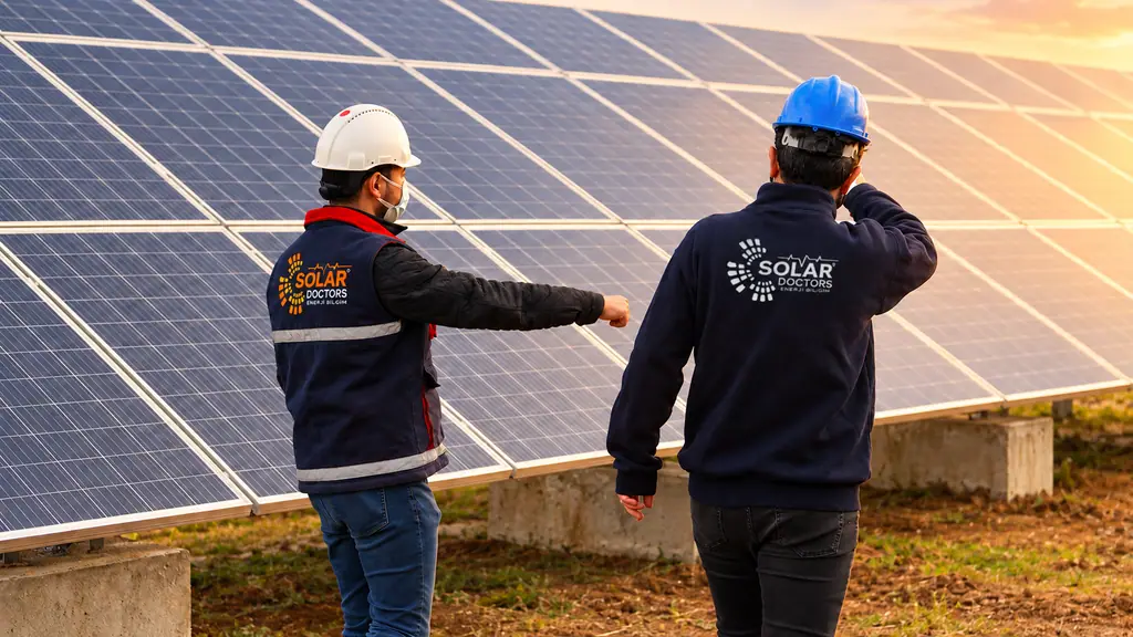 GES sahasında panelleri inceleyen iki Solar Doctors mühendisi