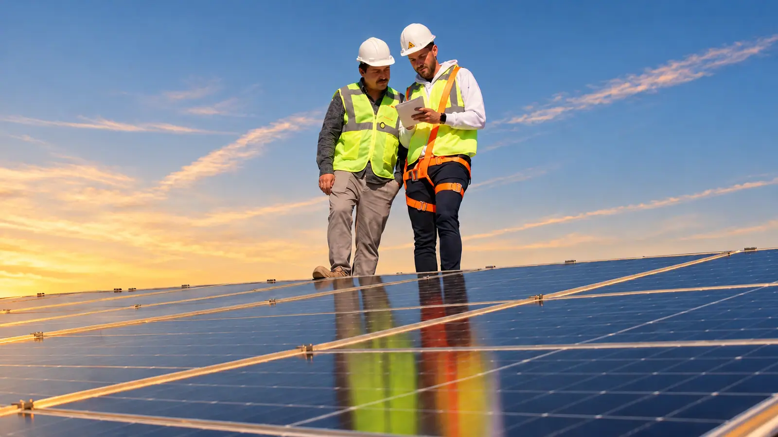 Güneş panelleri üzerinde ölçüm yapan iki Solar Doctors mühendisi