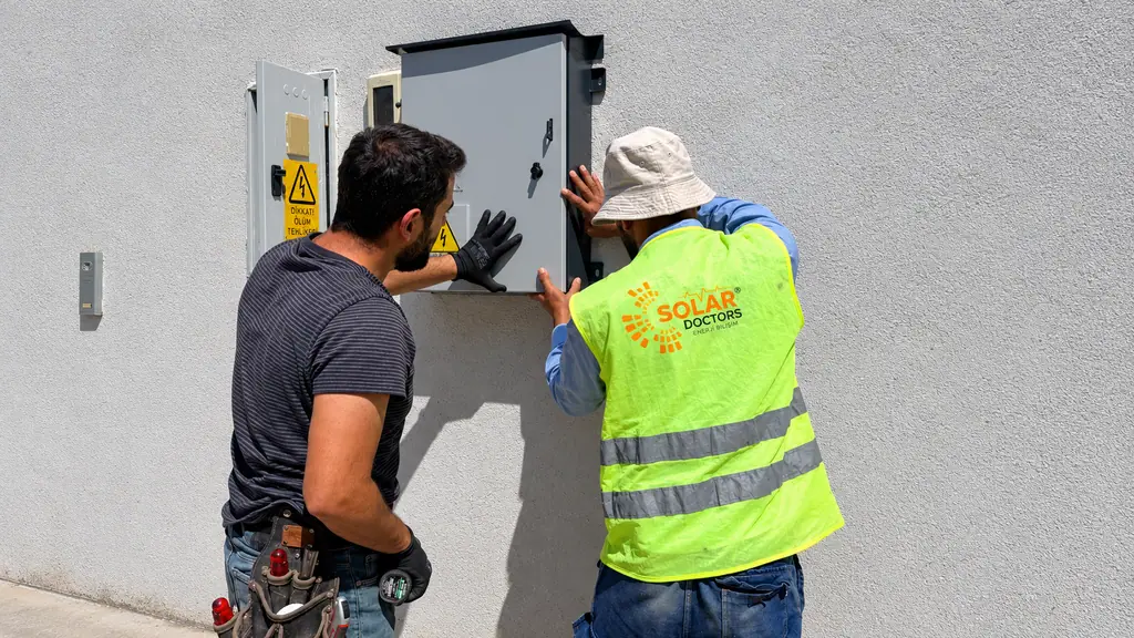 Bina dış cephesindeki enerji panosunda bağlantı yapan iki teknisyen