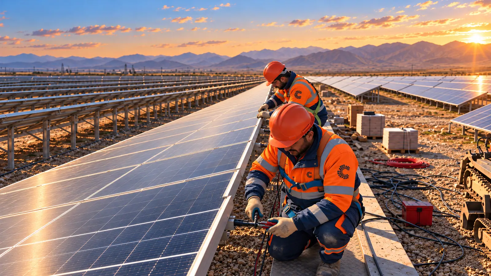 Arazi GES sahasında panel bağlantılarını kontrol eden turuncu iş kıyafetli bakım teknisyenleri