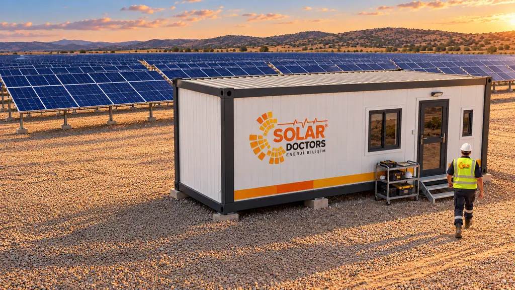 GES sahasındaki Solar Doctors saha ofisi ve sahada çalışan teknisyen