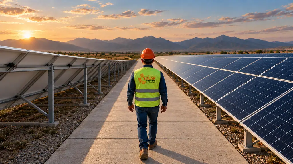 GES sahasında panel sıraları arasında yürüyen Solar Doctors saha çalışanı