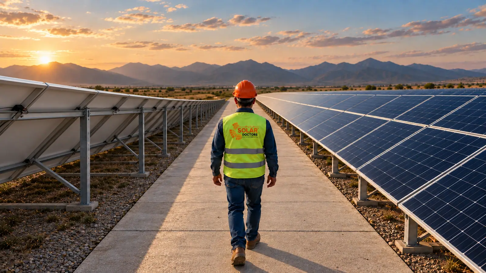 GES sahasında panel sıraları arasındaki yolda yürüyen baretli ve reflektörlü Solar Doctors saha çalışanı