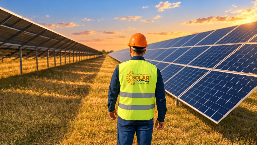 Güneş santralinde Solar Doctors yelekli saha personeli